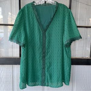 Beautiful and feminine green top, sheer layers with dotted texture and lace trim